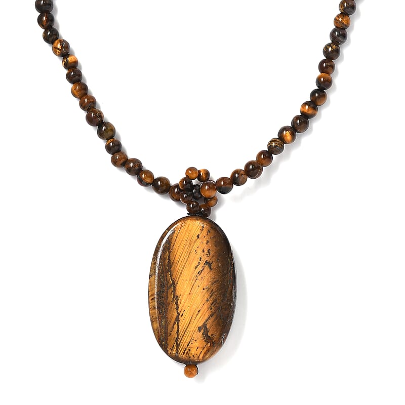 Tigers Eye 125.75 ctw Pendant with Beaded Necklace in Stainless Steel 20 Inches