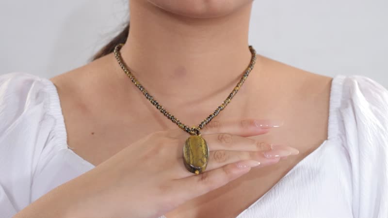 Tigers Eye 125.75 ctw Pendant with Beaded Necklace in Stainless Steel 20 Inches
