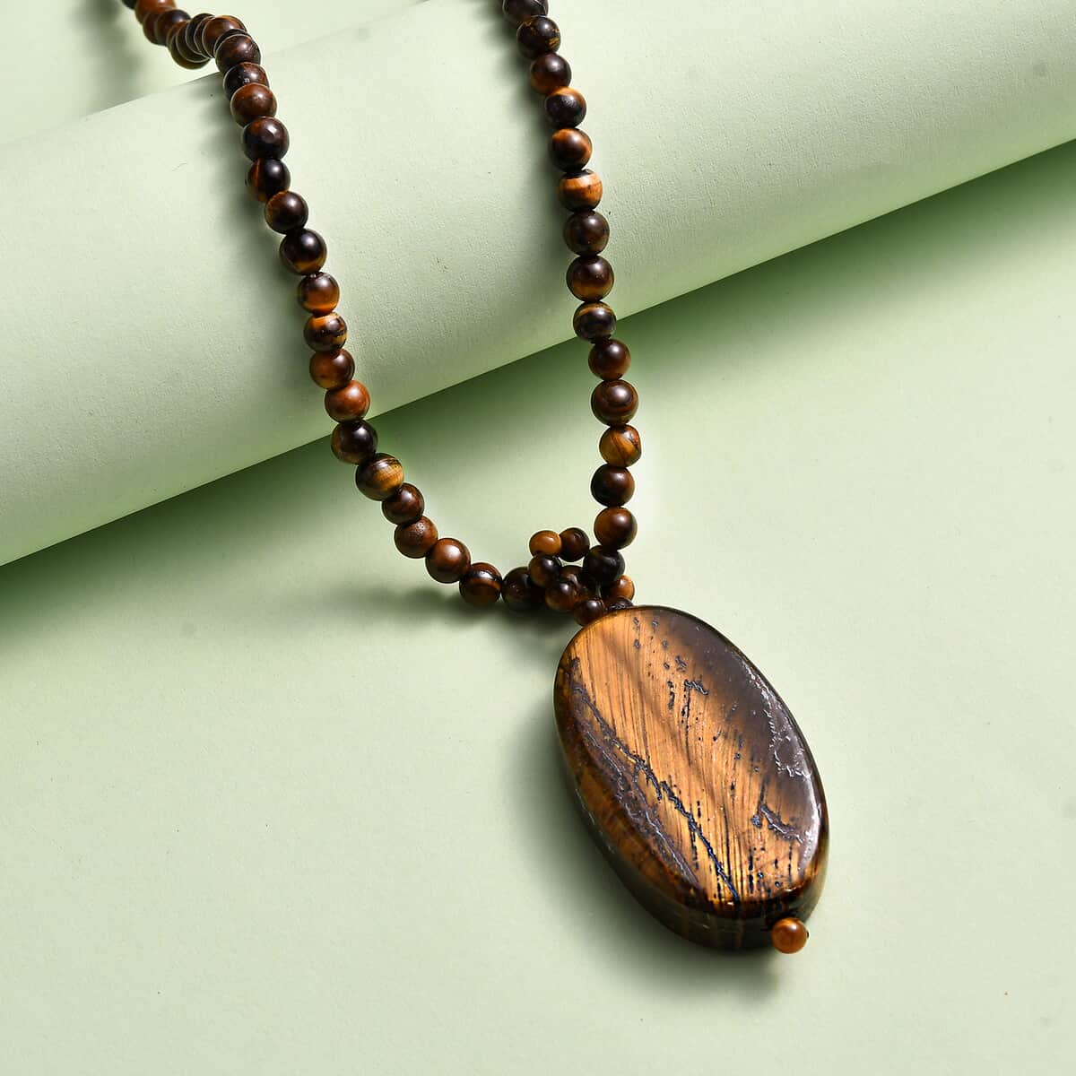 Tigers Eye 125.75 ctw Pendant with Beaded Necklace in Stainless Steel 20 Inches image number 1