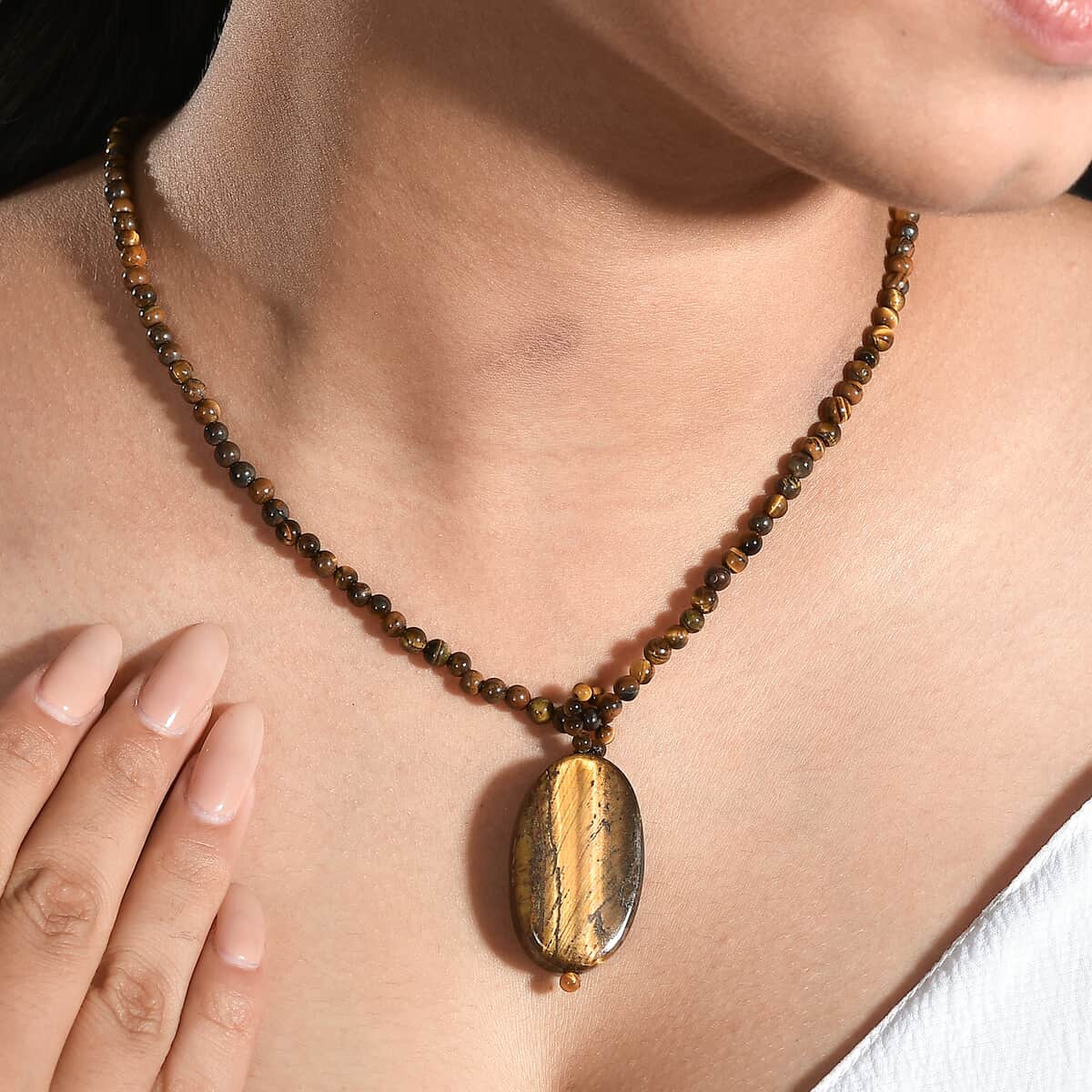 Tigers Eye 125.75 ctw Pendant with Beaded Necklace in Stainless Steel 20 Inches image number 2