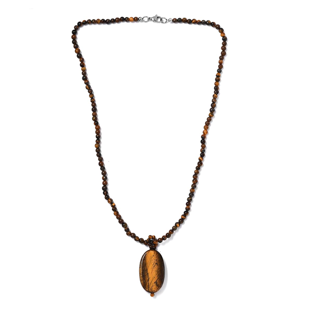 Tigers Eye 125.75 ctw Pendant with Beaded Necklace in Stainless Steel 20 Inches image number 3