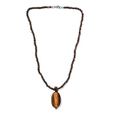 Tigers Eye 125.75 ctw Pendant with Beaded Necklace in Stainless Steel 20 Inches