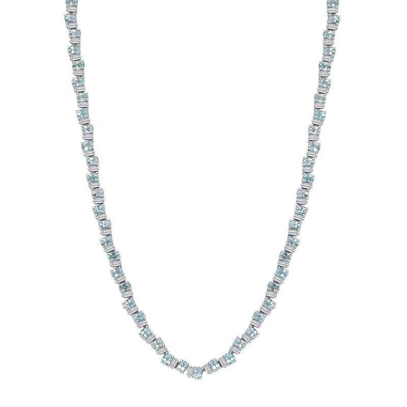 D'Joy Madagascar Lagoon Apatite and Moissanite 16.50 ctw Ocean Wave Necklace in Rhodium Over Sterling Silver 18 Inches