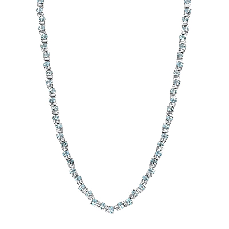 D'Joy Madagascar Lagoon Apatite and Moissanite 16.50 ctw Ocean Wave Necklace in Rhodium Over Sterling Silver 18 Inches