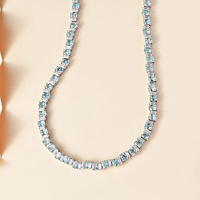 D'Joy Madagascar Lagoon Apatite and Moissanite 16.50 ctw Ocean Wave Necklace in Rhodium Over Sterling Silver 18 Inches