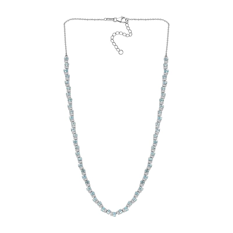 D'Joy Madagascar Lagoon Apatite and Moissanite 16.50 ctw Ocean Wave Necklace in Rhodium Over Sterling Silver 18 Inches