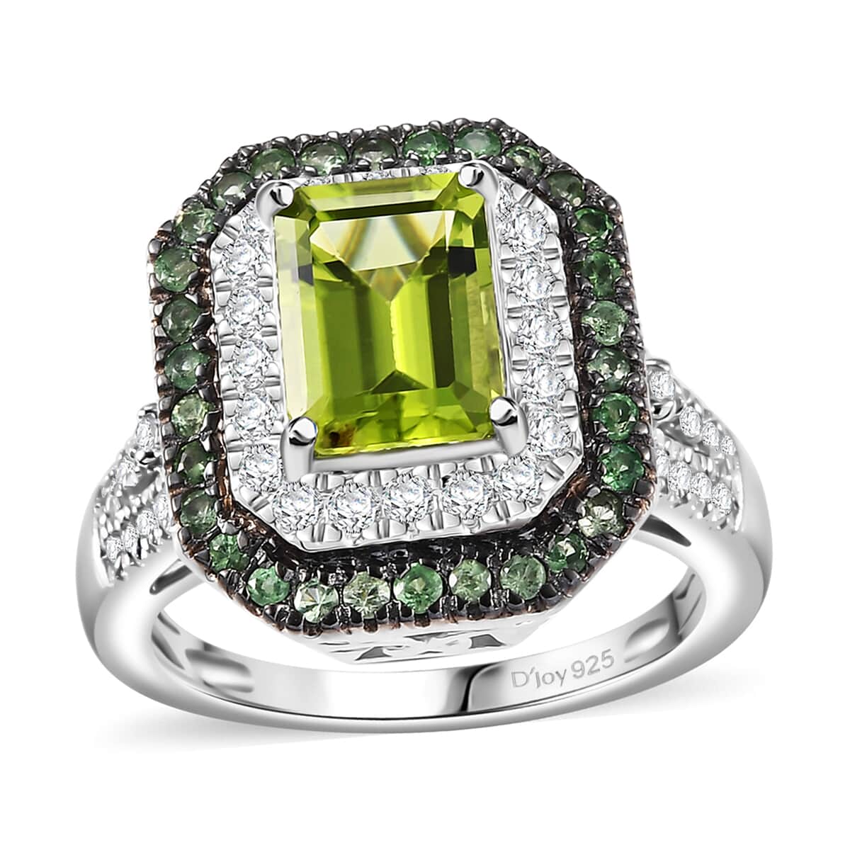 Peridot and Multi Gemstone 3.75 ctw Floral Double Halo Ring in Rhodium Over Sterling Silver (Size 10.0) image number 0