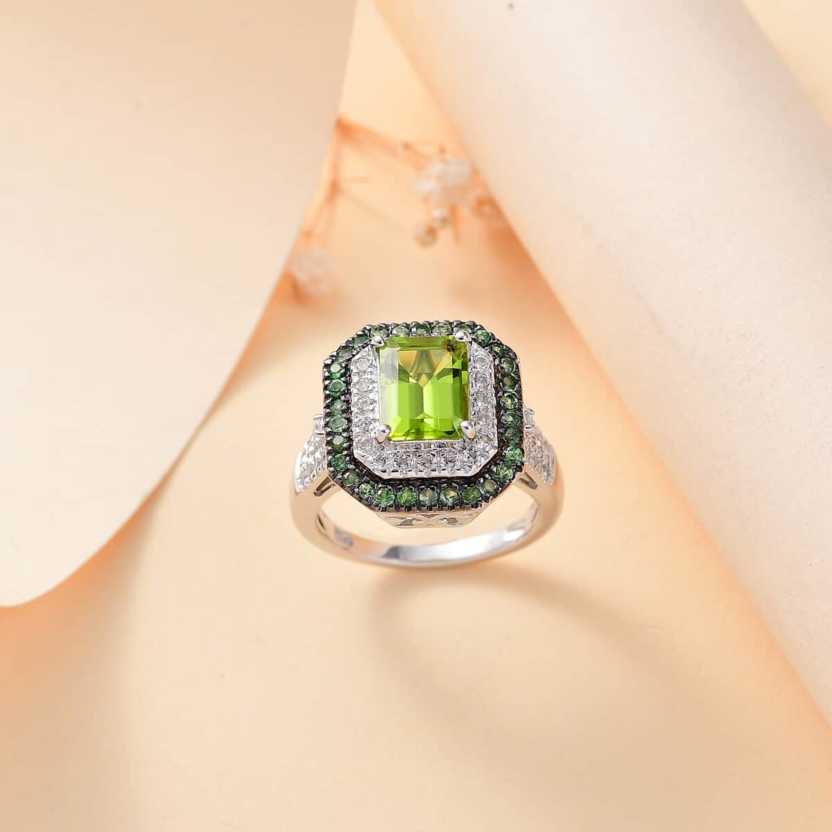 Peridot and Multi Gemstone 3.75 ctw Floral Double Halo Ring in Rhodium Over Sterling Silver (Size 10.0) image number 1