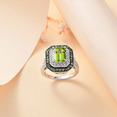 Peridot and Multi Gemstone 3.75 ctw Floral Double Halo Ring in Rhodium Over Sterling Silver (Size 10.0)