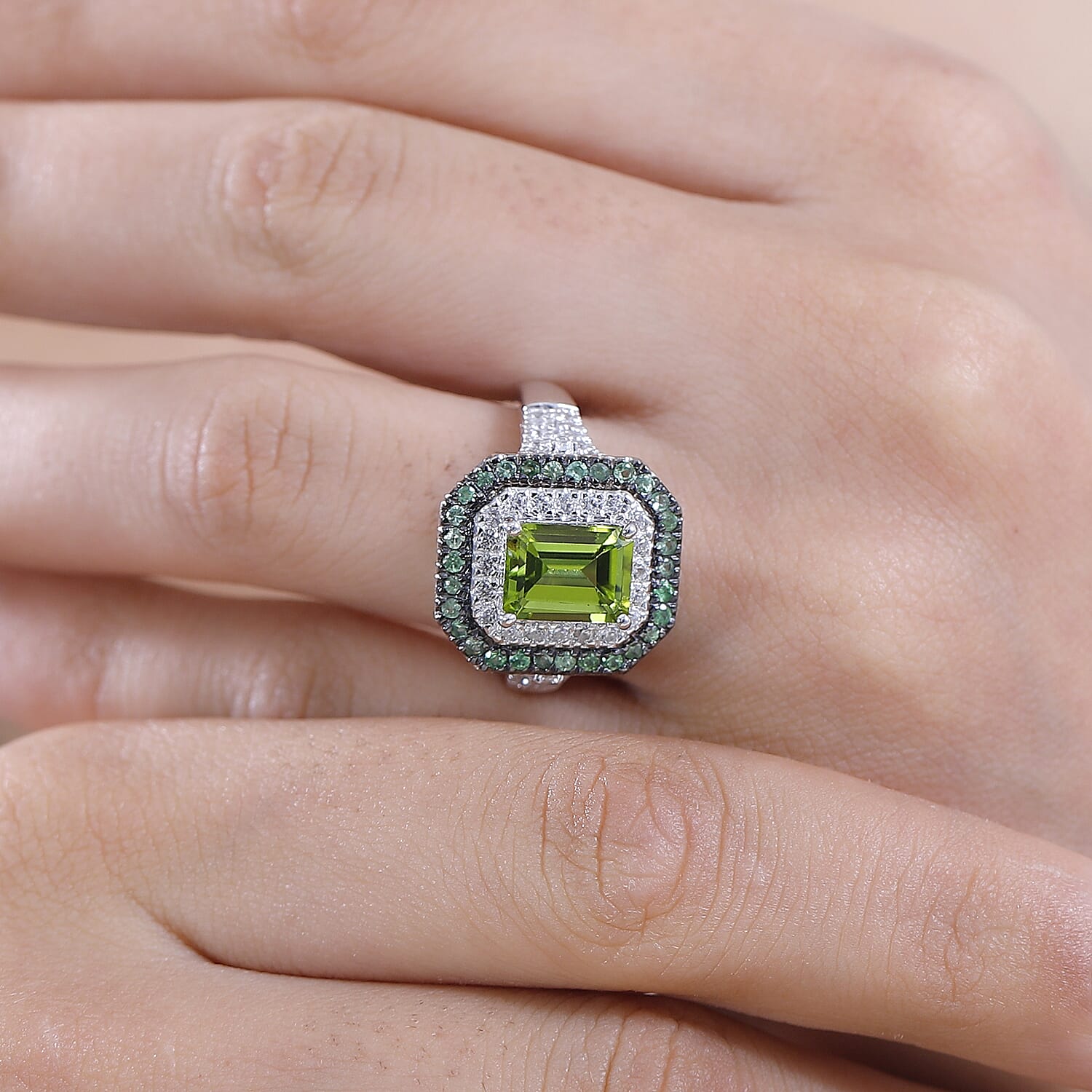 Peridot and Multi Gemstone 3.75 ctw Floral Double Halo Ring in Rhodium Over Sterling Silver (Size 10.0)
