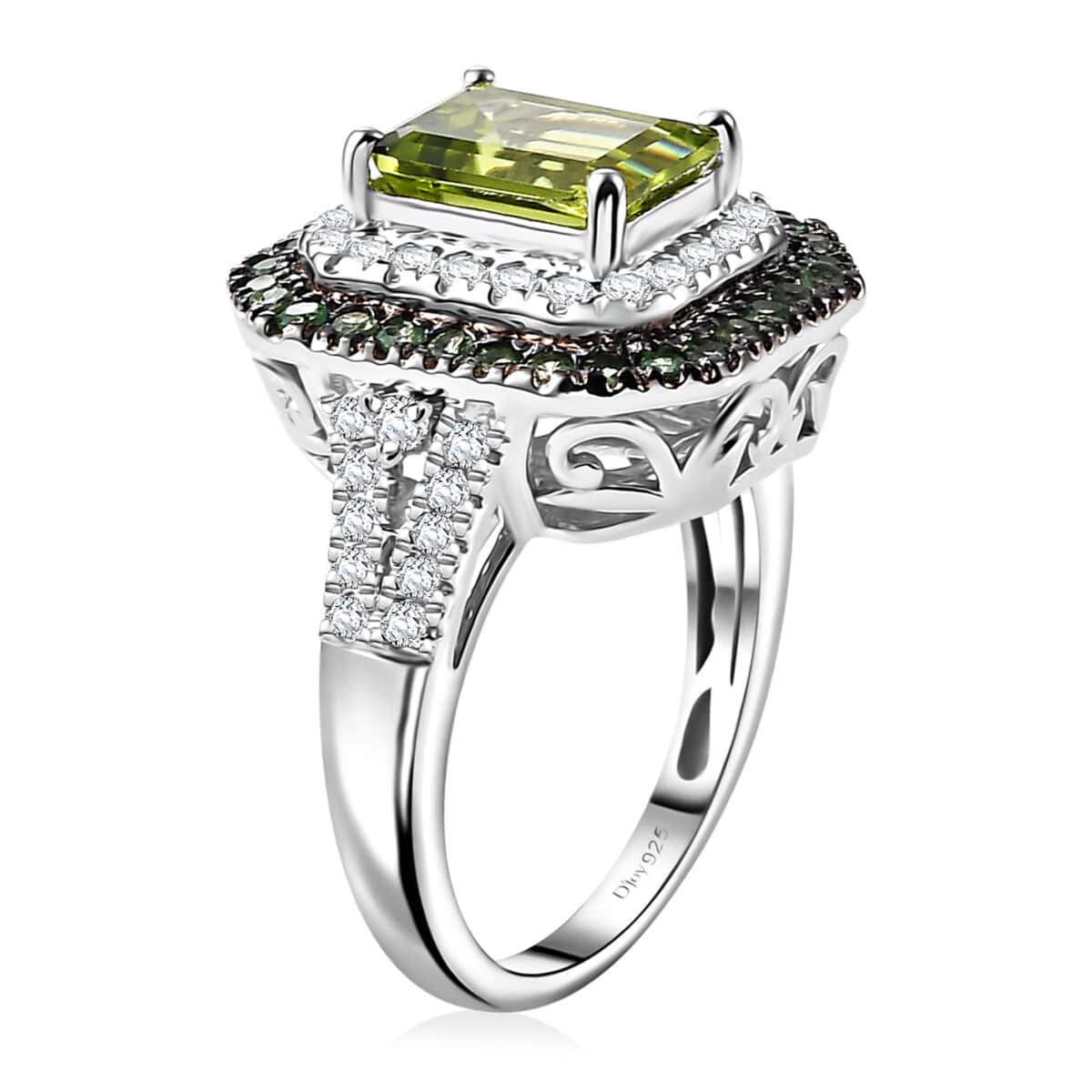 Peridot and Multi Gemstone 3.75 ctw Floral Double Halo Ring in Rhodium Over Sterling Silver (Size 10.0) image number 3