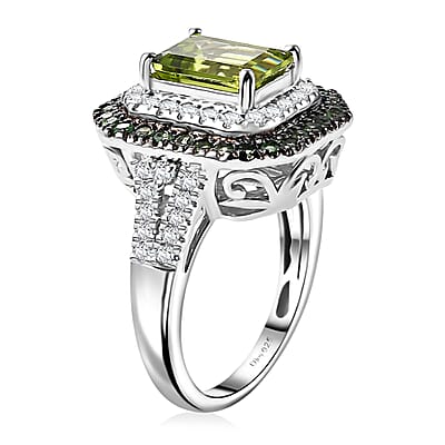 Peridot and Multi Gemstone 3.75 ctw Floral Double Halo Ring in Rhodium Over Sterling Silver (Size 10.0)