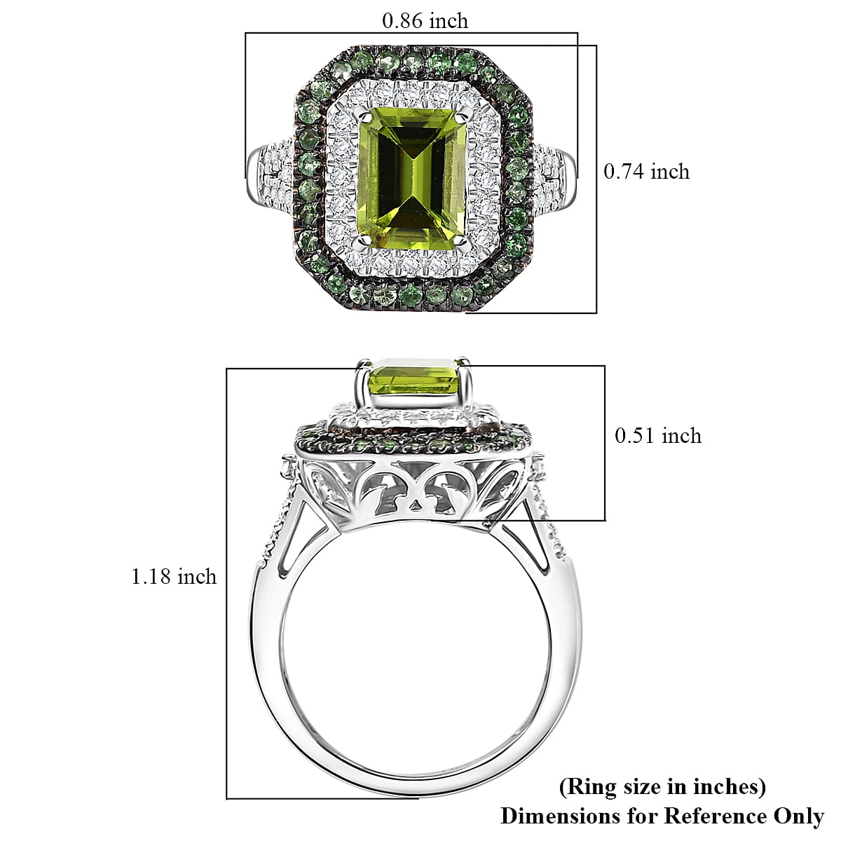 Peridot and Multi Gemstone 3.75 ctw Floral Double Halo Ring in Rhodium Over Sterling Silver (Size 10.0)
