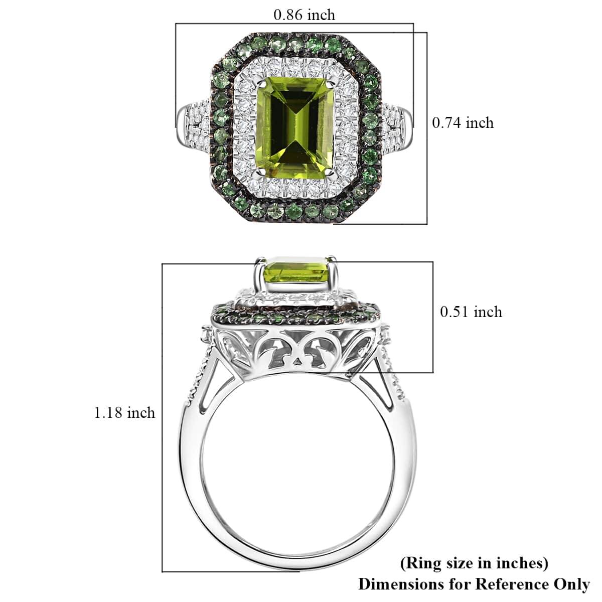 Peridot and Multi Gemstone 3.75 ctw Floral Double Halo Ring in Rhodium Over Sterling Silver (Size 10.0) image number 5