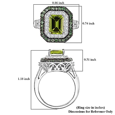 Peridot and Multi Gemstone 3.75 ctw Floral Double Halo Ring in Rhodium Over Sterling Silver (Size 10.0)