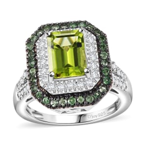 Peridot and Multi Gemstone 3.75 ctw Floral Double Halo Ring in Rhodium Over Sterling Silver (Size 7.0)