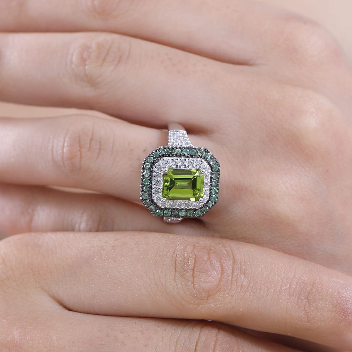 Peridot and Multi Gemstone 3.75 ctw Floral Double Halo Ring in Rhodium Over Sterling Silver (Size 7.0) image number 2