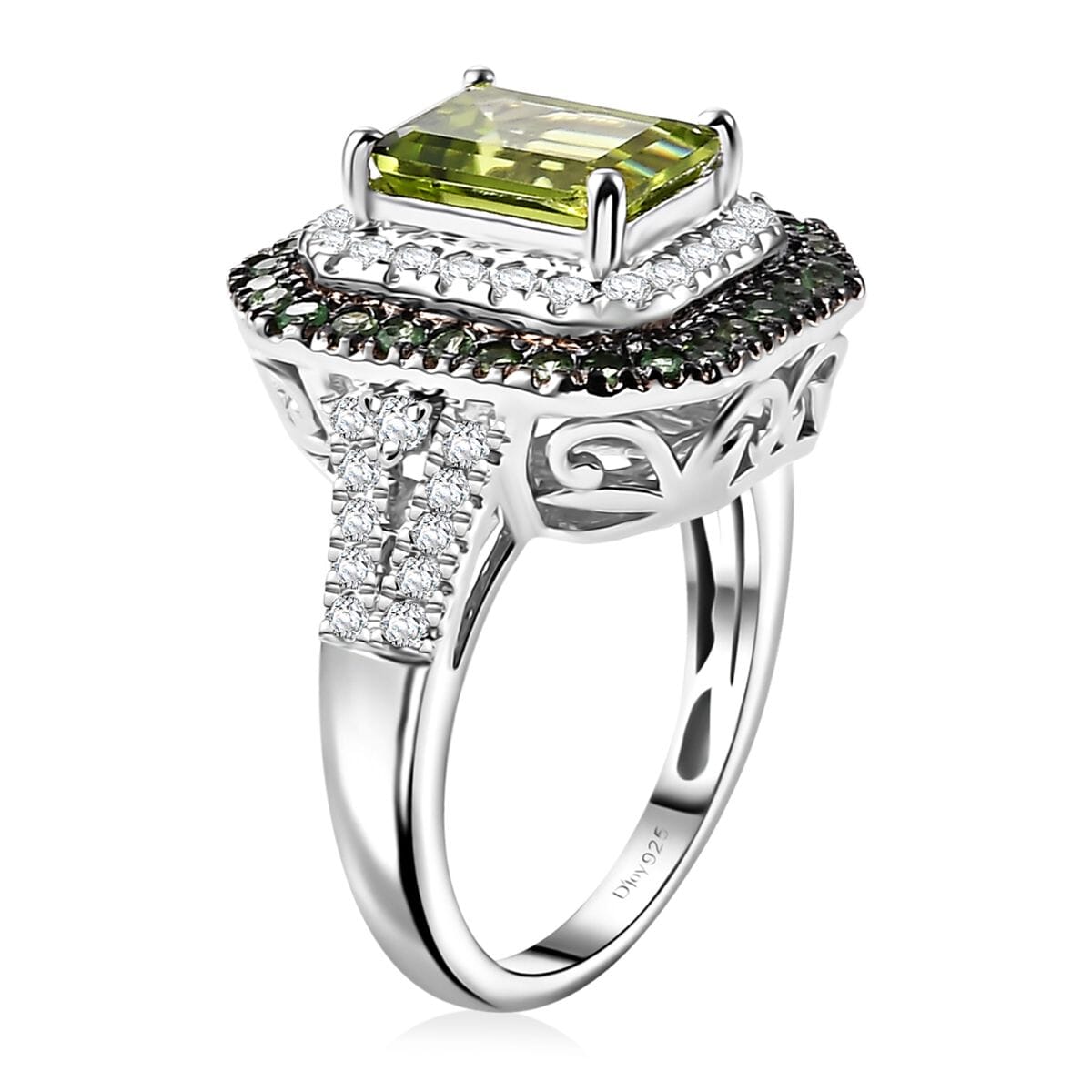 Peridot and Multi Gemstone 3.75 ctw Floral Double Halo Ring in Rhodium Over Sterling Silver (Size 7.0) image number 3