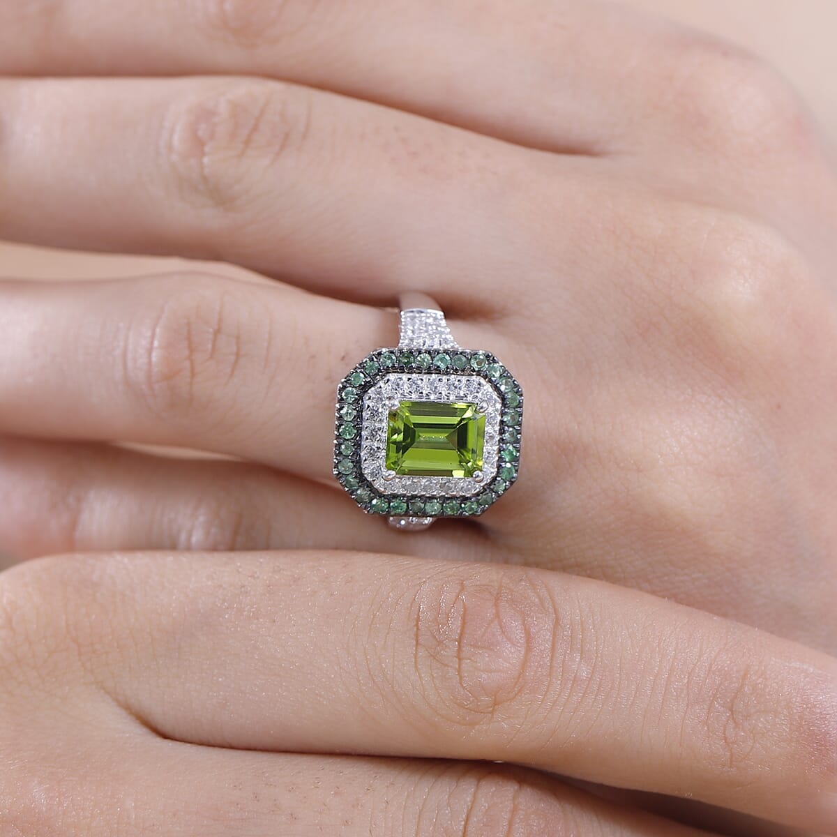 Peridot and Multi Gemstone 3.75 ctw Floral Double Halo Ring in Rhodium Over Sterling Silver (Size 8.0) image number 2