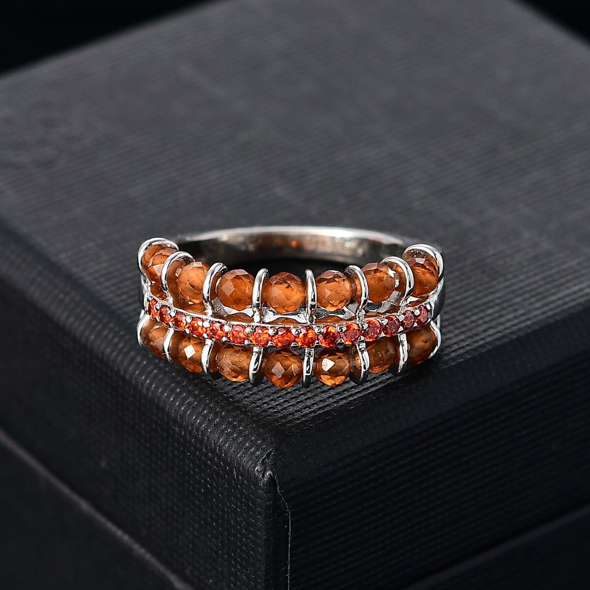 Karis Ratnapura Hessonite Garnet and Simulated Red Diamond 5.00 ctw Ring in Platinum Bond (Size 9.0) image number 1