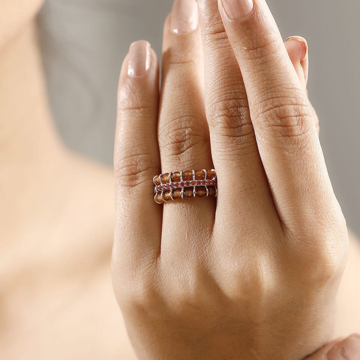 Karis Ratnapura Hessonite Garnet and Simulated Red Diamond 5.00 ctw Ring in Platinum Bond (Size 9.0) image number 2