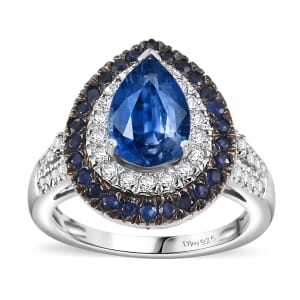 Kashmir Kyanite and Multi Gemstone 3.50 ctw Floral Double Halo Ring in Rhodium Over Sterling Silver (Size 10.0)