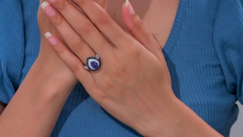 Kashmir Kyanite and Multi Gemstone 3.50 ctw Double Halo Ring in Rhodium Over Sterling Silver