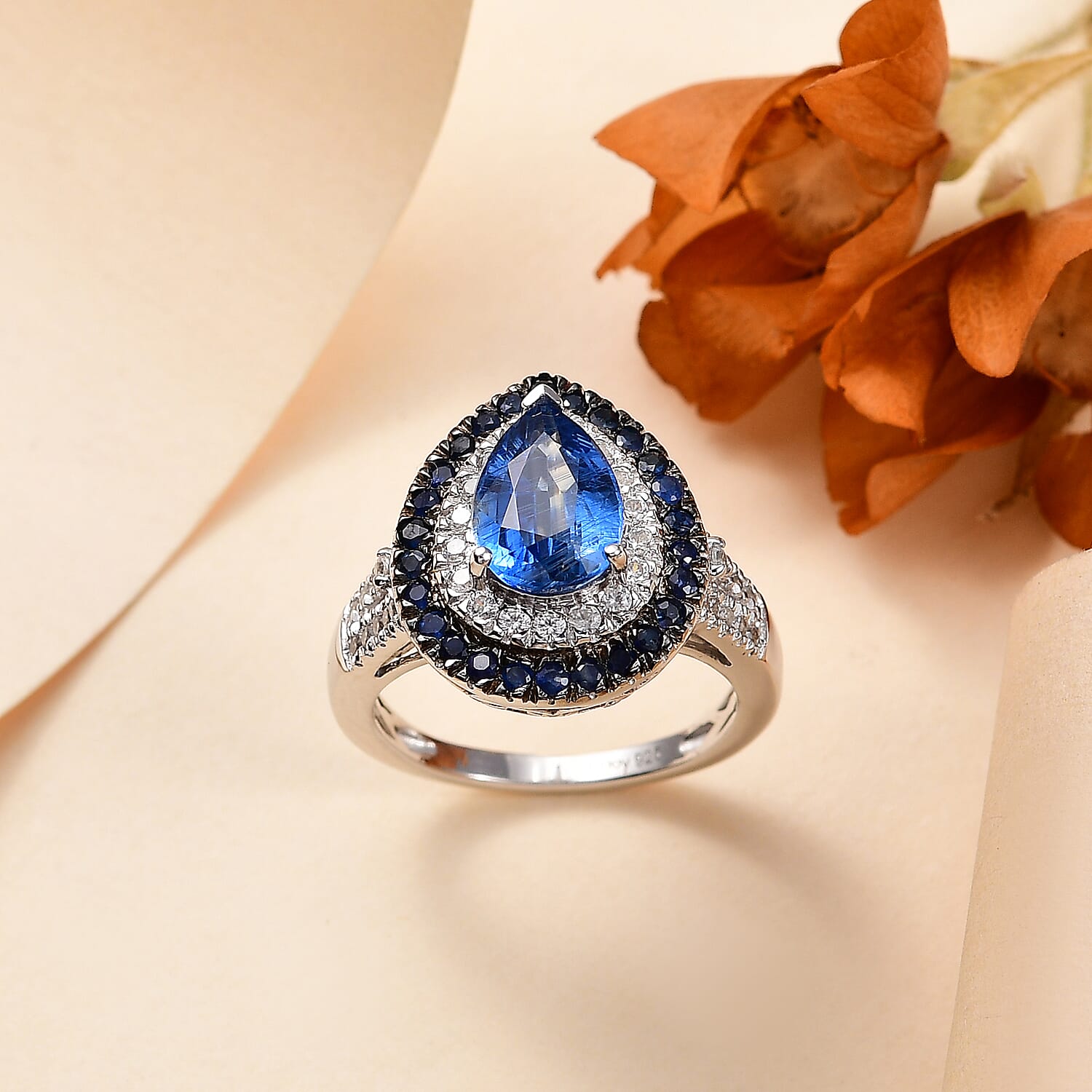 Kashmir Kyanite and Multi Gemstone 3.50 ctw Floral Double Halo Ring in Rhodium Over Sterling Silver (Size 10.0)