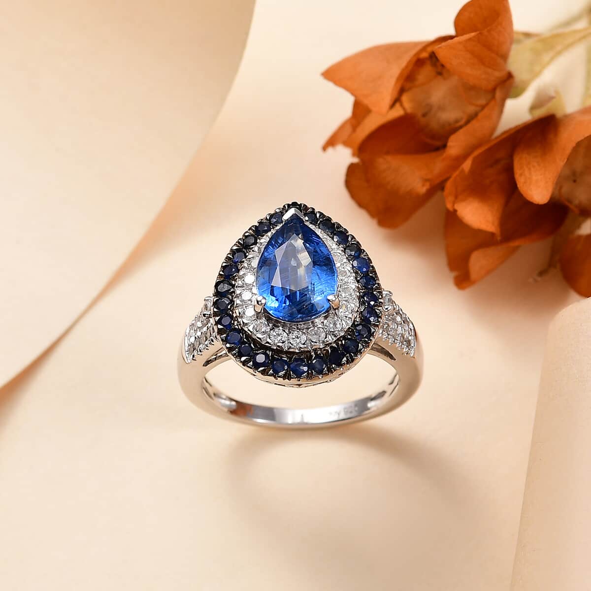 Kashmir Kyanite and Multi Gemstone 3.50 ctw Double Halo Ring in Rhodium Over Sterling Silver image number 1