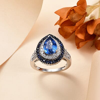 Kashmir Kyanite and Multi Gemstone 3.50 ctw Floral Double Halo Ring in Rhodium Over Sterling Silver (Size 10.0)