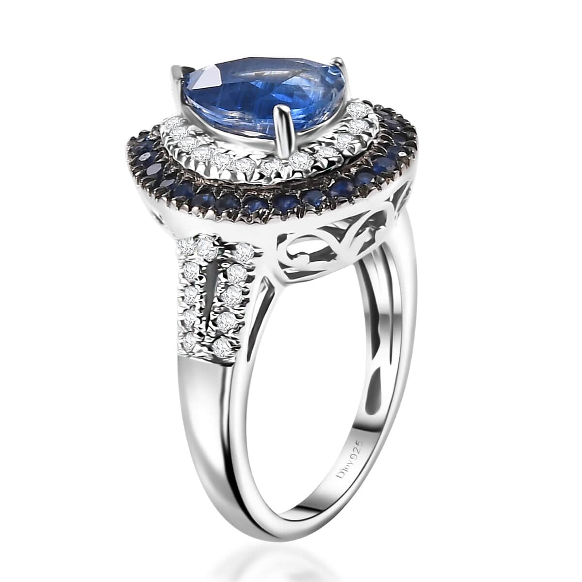 Kashmir Kyanite and Multi Gemstone 3.50 ctw Double Halo Ring in Rhodium Over Sterling Silver image number 3