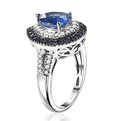 Kashmir Kyanite and Multi Gemstone 3.50 ctw Floral Double Halo Ring in Rhodium Over Sterling Silver (Size 10.0)