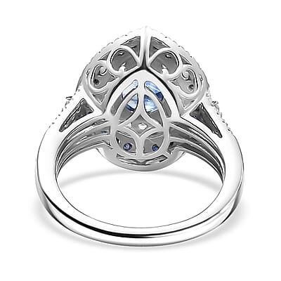 Kashmir Kyanite and Multi Gemstone 3.50 ctw Floral Double Halo Ring in Rhodium Over Sterling Silver (Size 10.0)
