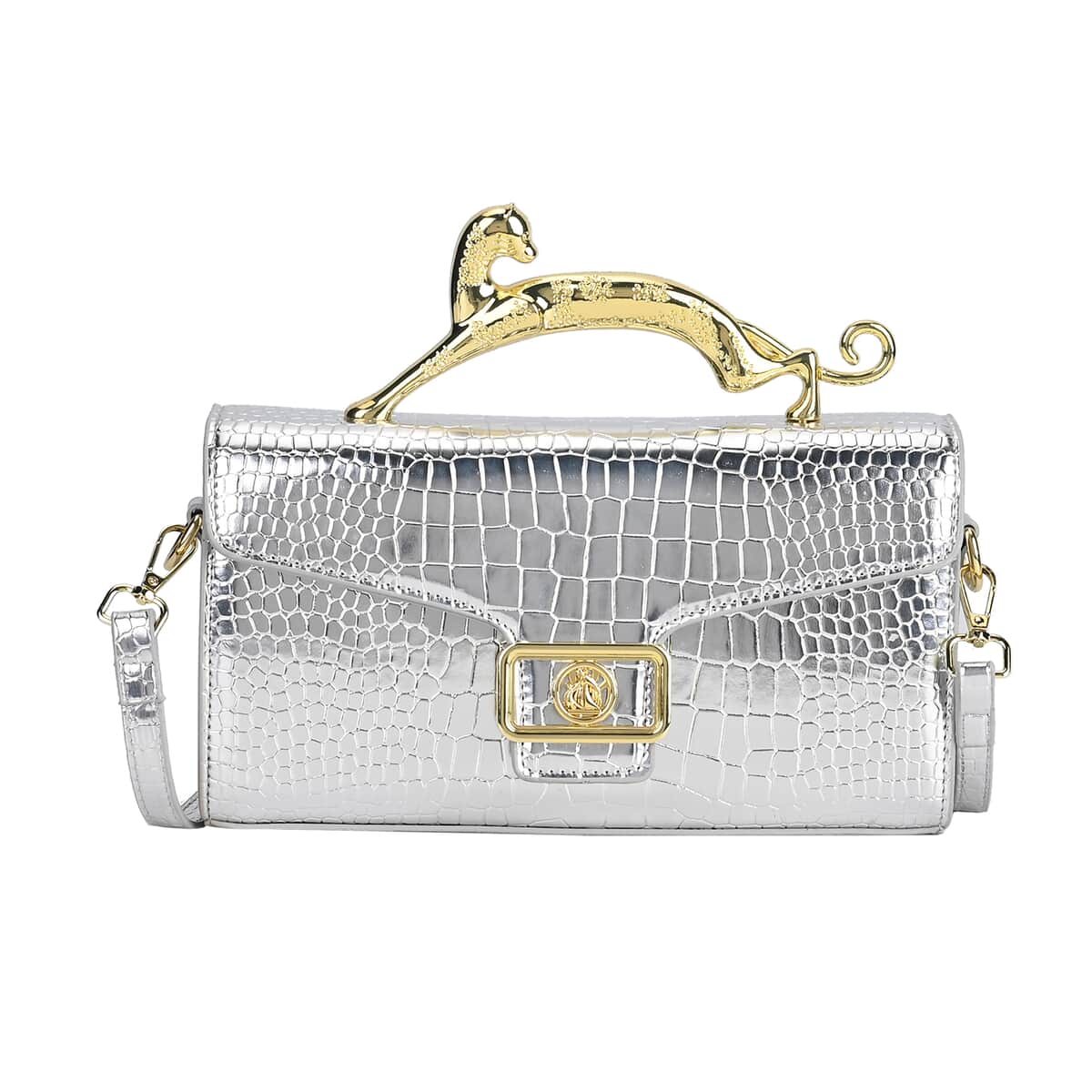 Silver Crocodile Embossed Faux Leather Crossbody Bag with Shoulder Strap image number 0