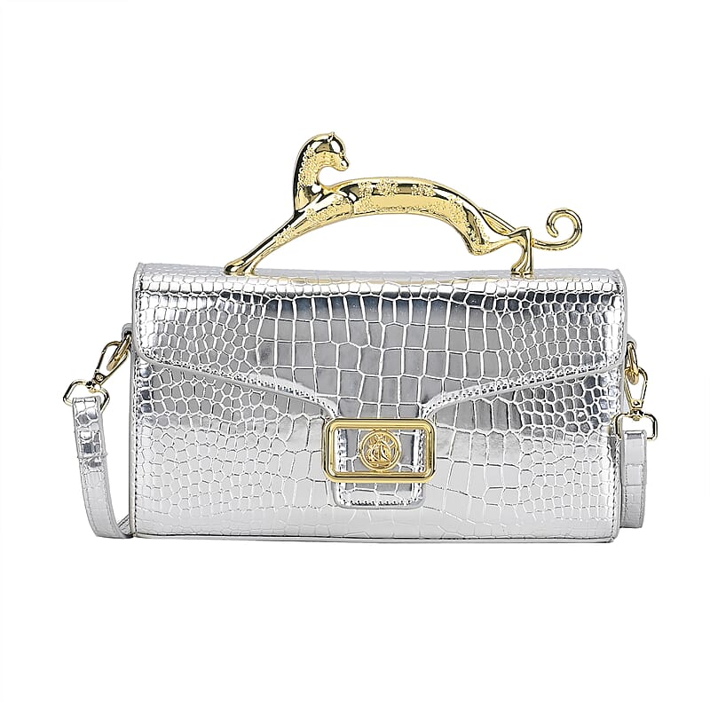 Silver Crocodile Embossed Faux Leather Crossbody Bag with Shoulder Strap