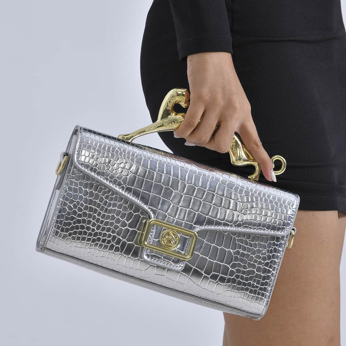 Silver Crocodile Embossed Faux Leather Crossbody Bag with Shoulder Strap image number 2