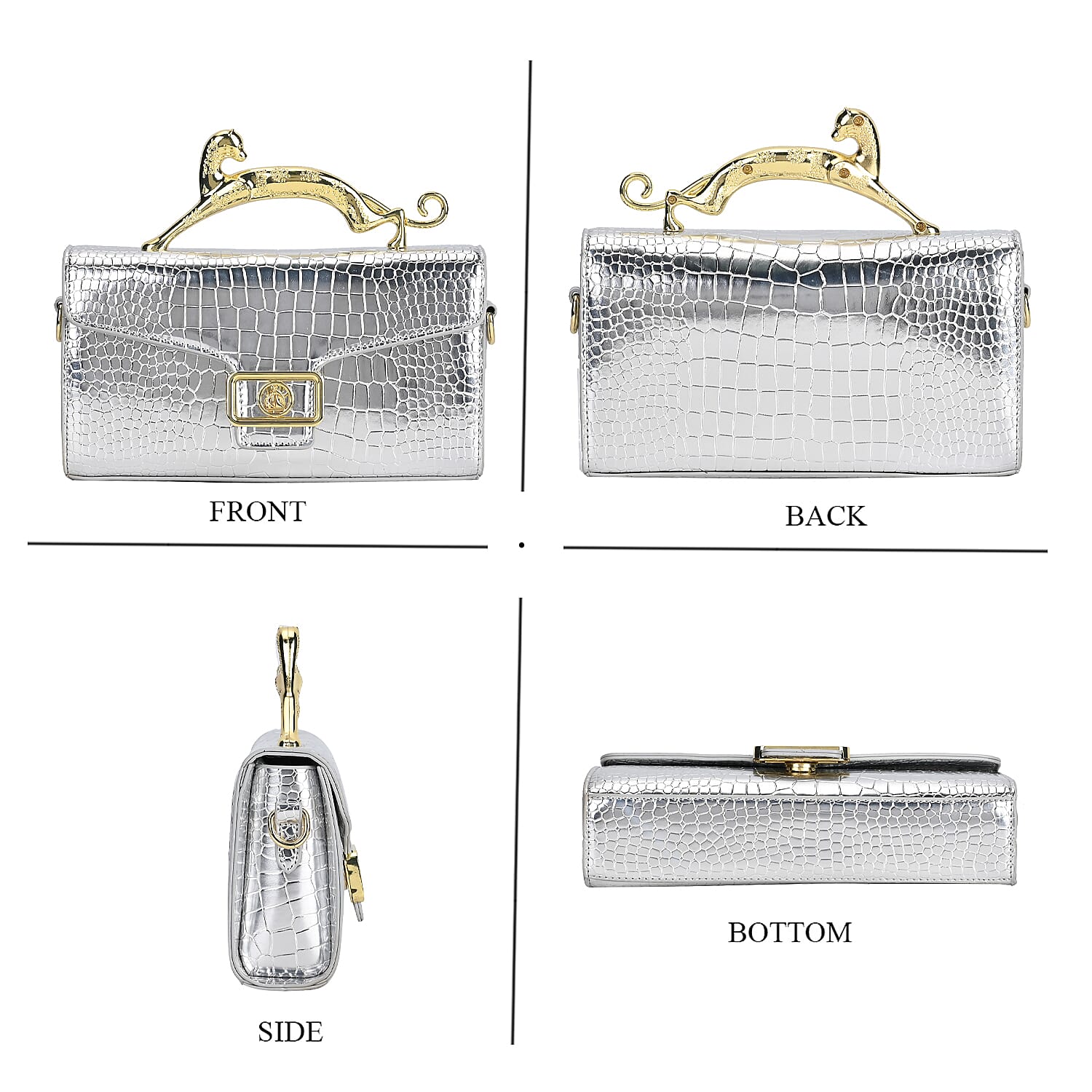 Silver Crocodile Embossed Faux Leather Crossbody Bag with Shoulder Strap