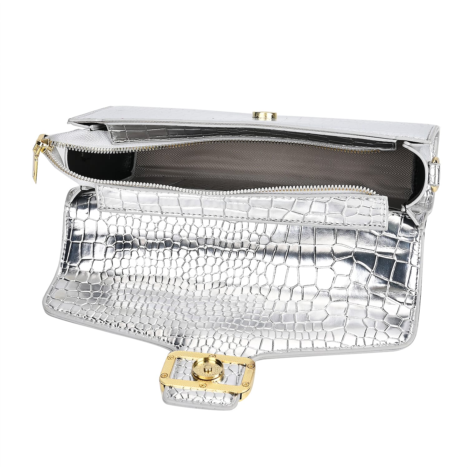 Silver Crocodile Embossed Faux Leather Crossbody Bag with Shoulder Strap