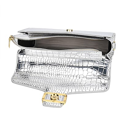 Silver Crocodile Embossed Faux Leather Crossbody Bag with Shoulder Strap