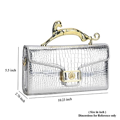 Silver Crocodile Embossed Faux Leather Crossbody Bag with Shoulder Strap