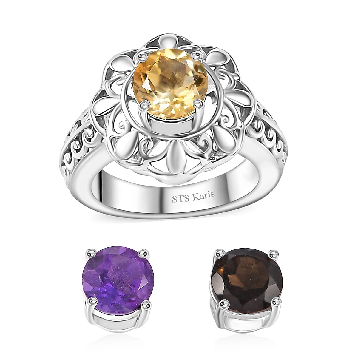 Karis African Amethyst, Brazilian Smoky Quartz, Brazilian Citrine 3.60 ctw Interchangeable Solitaire Ring in Platinum Bond (Size 10.0) image number 0