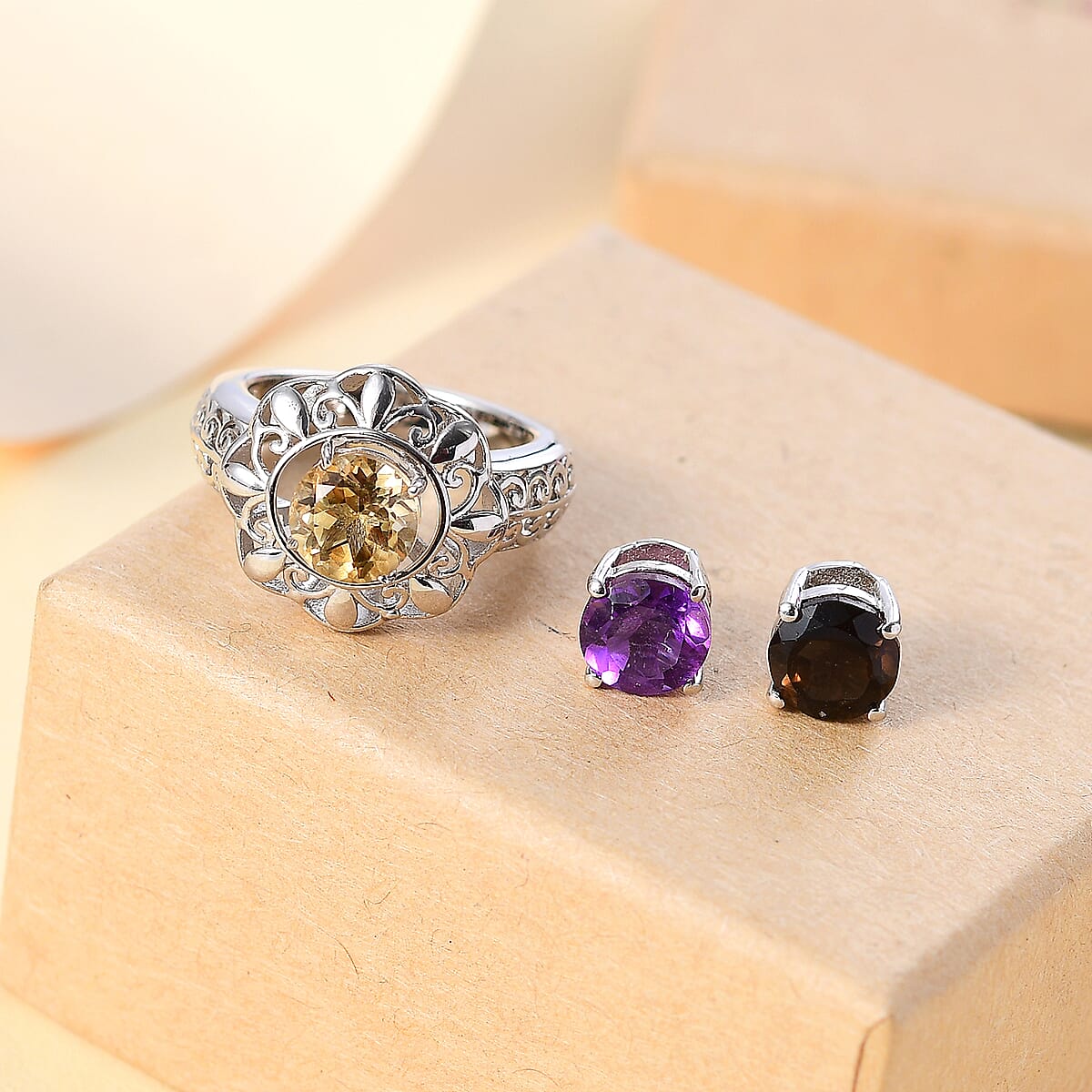 Karis African Amethyst, Brazilian Smoky Quartz, Brazilian Citrine 3.60 ctw Interchangeable Solitaire Ring in Platinum Bond (Size 10.0) image number 1