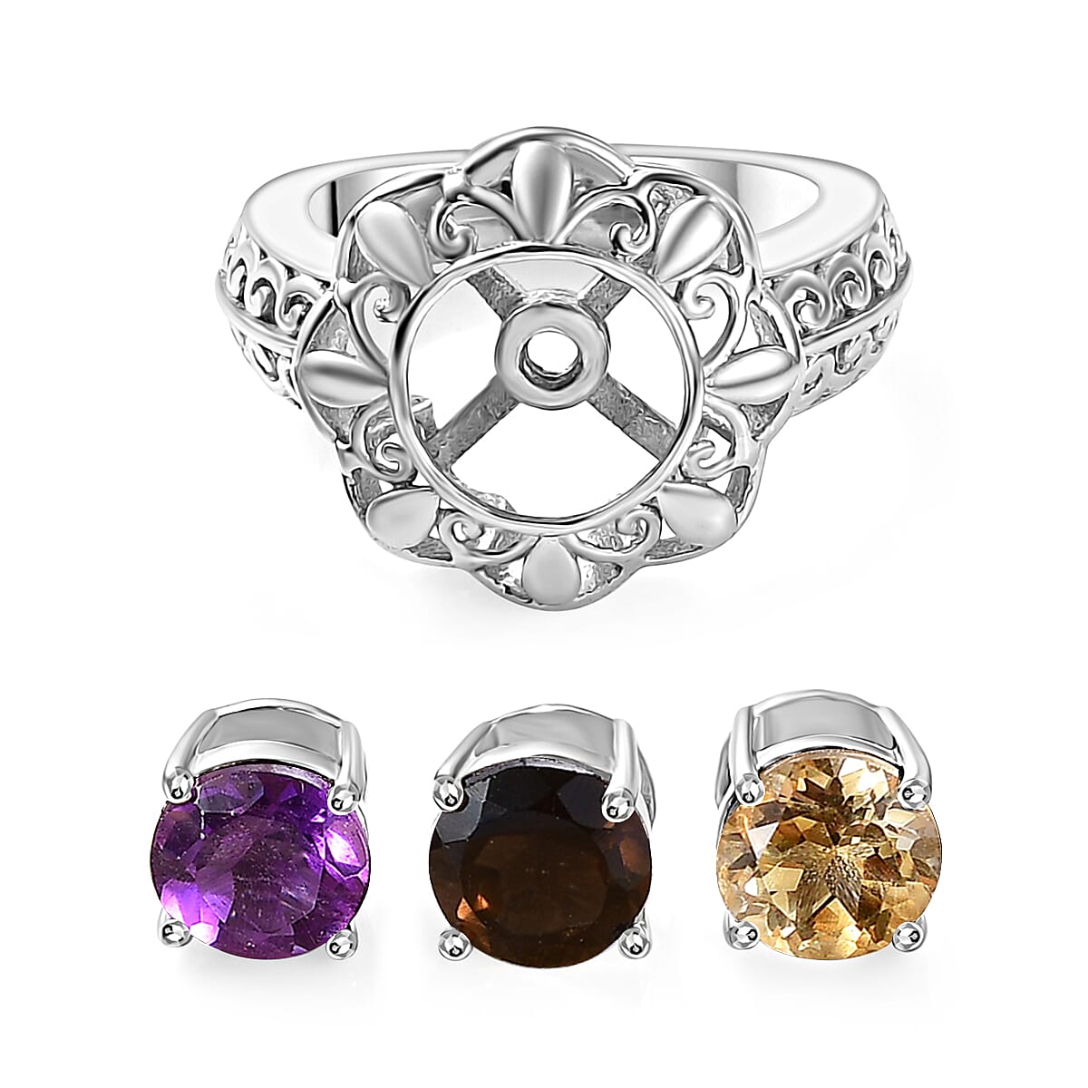 Karis African Amethyst, Brazilian Smoky Quartz, Brazilian Citrine 3.60 ctw Interchangeable Solitaire Ring in Platinum Bond (Size 10.0) image number 3