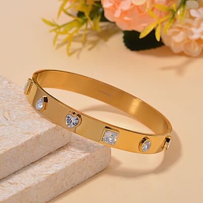 Simulated Diamond 1.20 ctw Bangle Bracelet In 14K Yellow Gold Plated Stainless Steel (8.00 In)