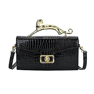 Black Crocodile Embossed Faux Leather Crossbody Bag with Shoulder Strap