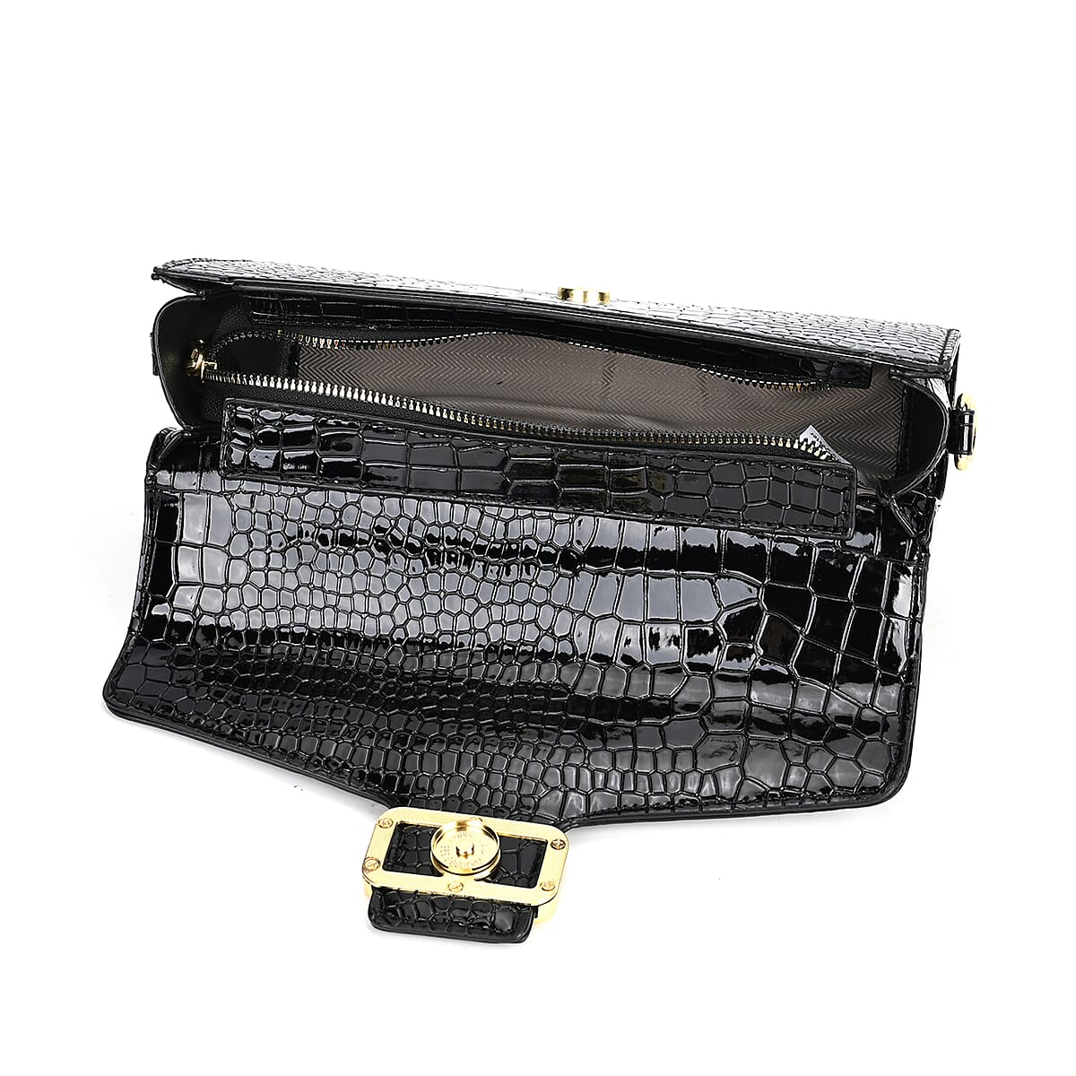 Black Crocodile Embossed Faux Leather Crossbody Bag with Shoulder Strap image number 4
