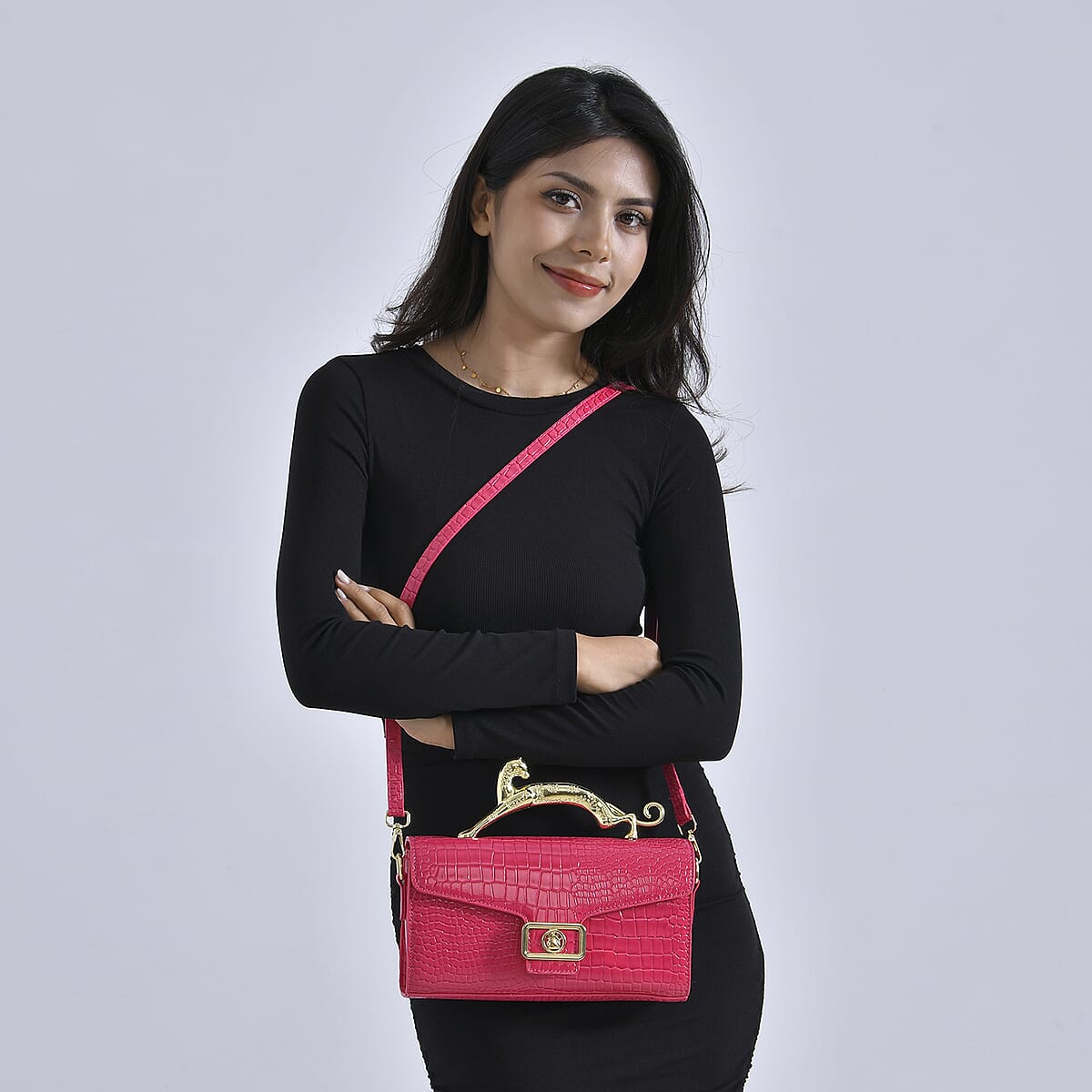 Rose Pink Crocodile Embossed Faux Leather Crossbody Bag with Shoulder Strap image number 1