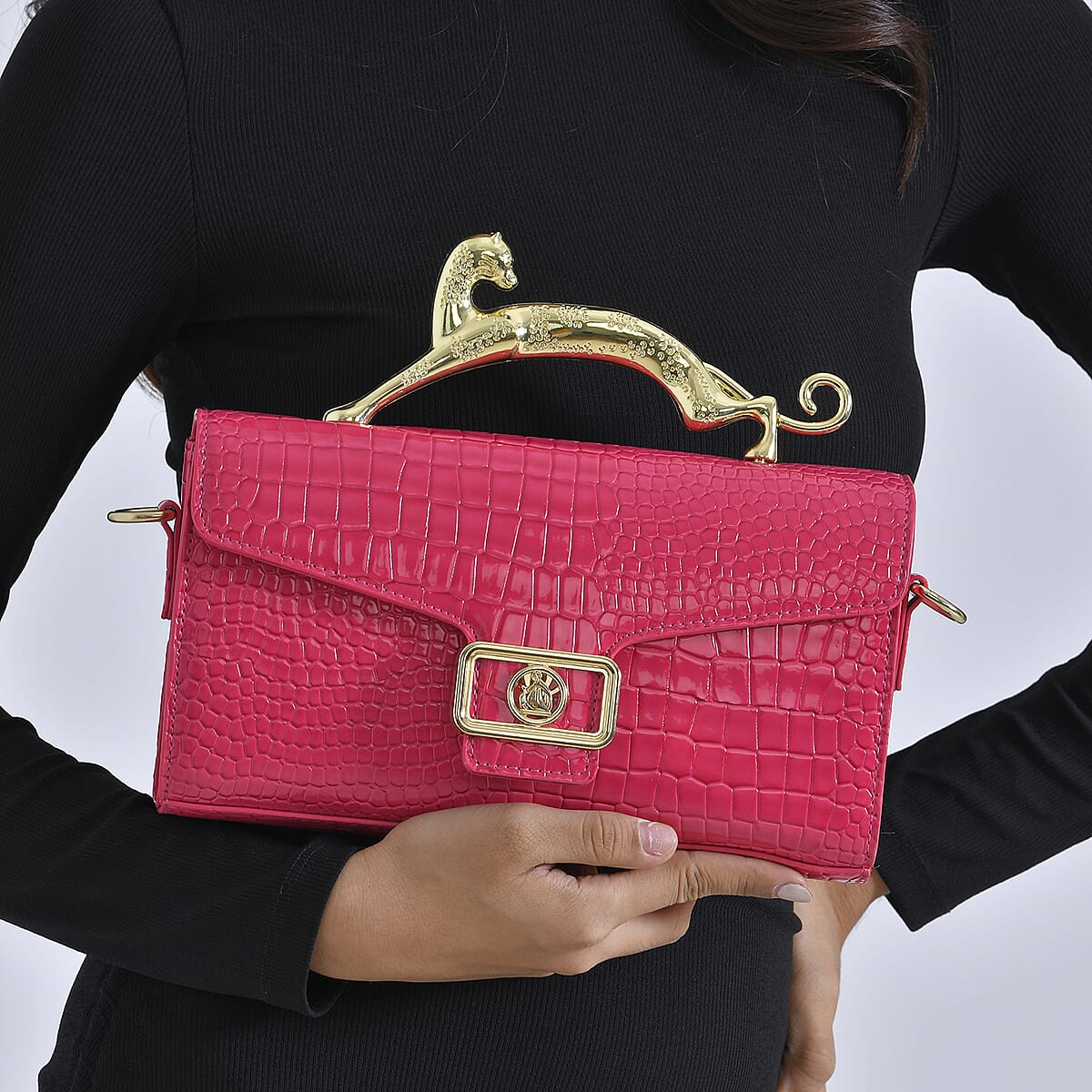 Rose Pink Crocodile Embossed Faux Leather Crossbody Bag with Shoulder Strap image number 2