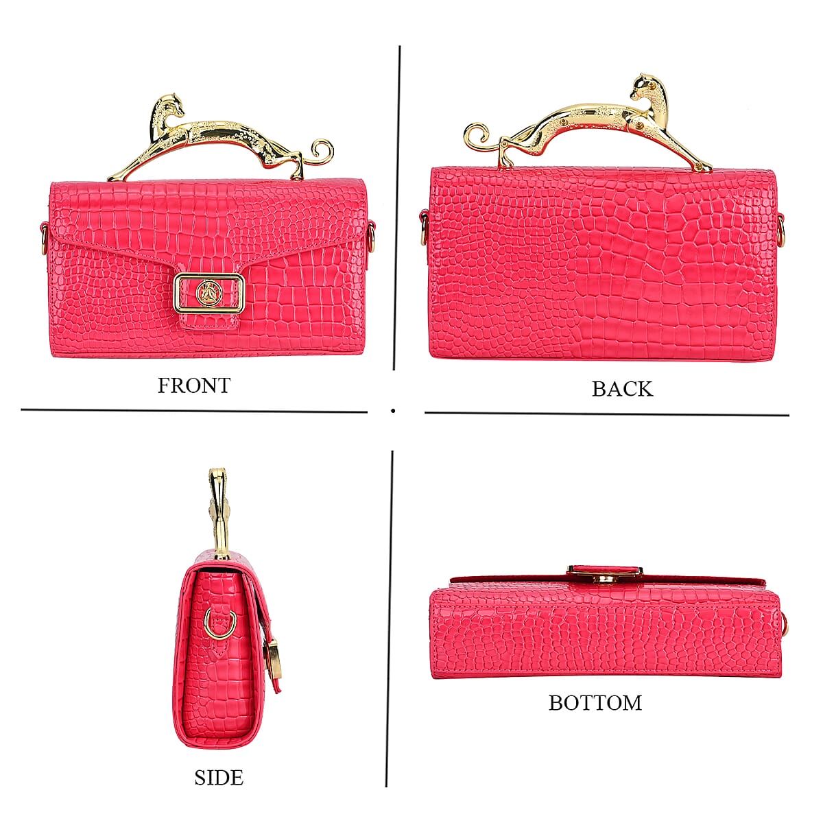 Rose Pink Crocodile Embossed Faux Leather Crossbody Bag with Shoulder Strap image number 3