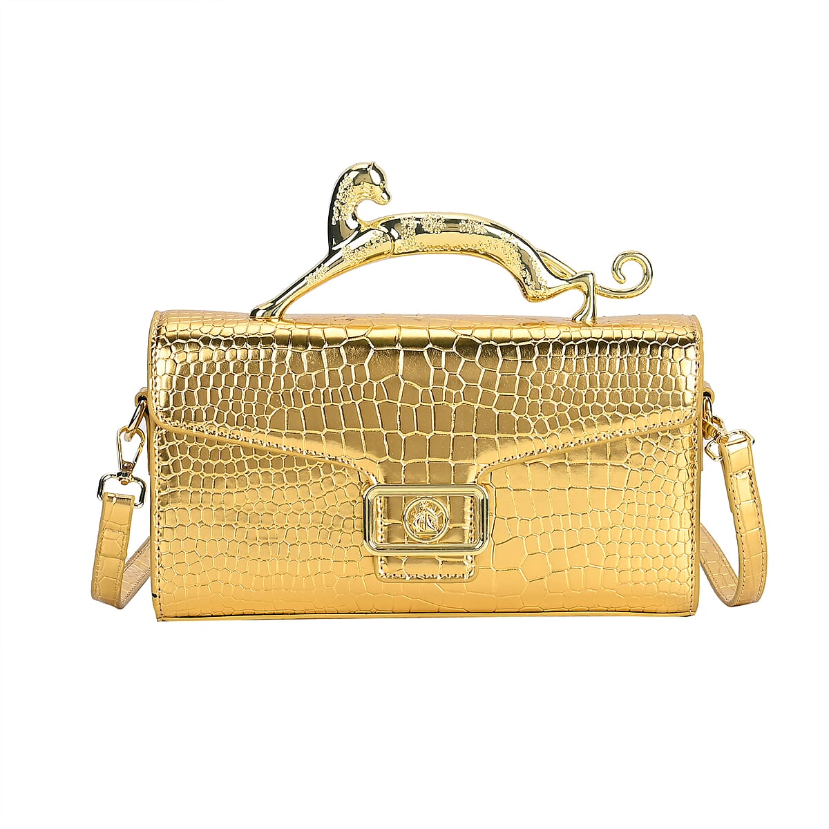 Gold Crocodile Embossed Faux Leather Crossbody Bag with Shoulder Strap image number 0